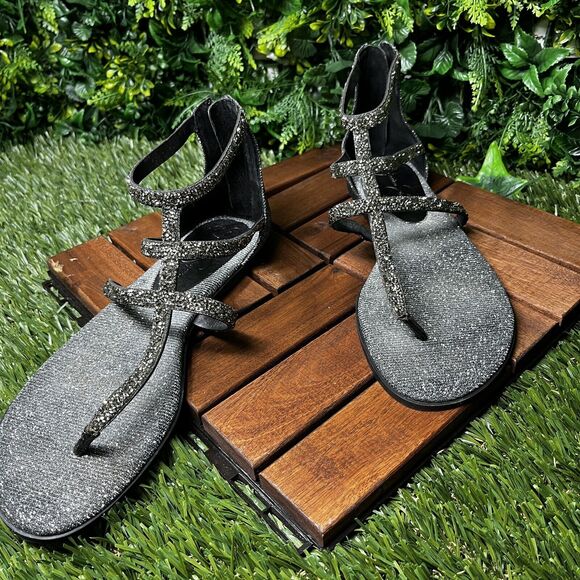 Women Sandals 8.5 Gladiator Pewter Glitter Jeweled Cammie JESSICA SIMPSON 1489 - Picture 3 of 10